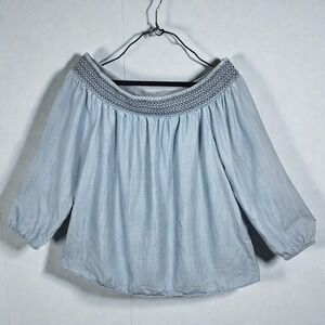 Gap Womens Medium Blue Lyocell Chambray Smocked Off Shoulder Top 3/4 Sleeve